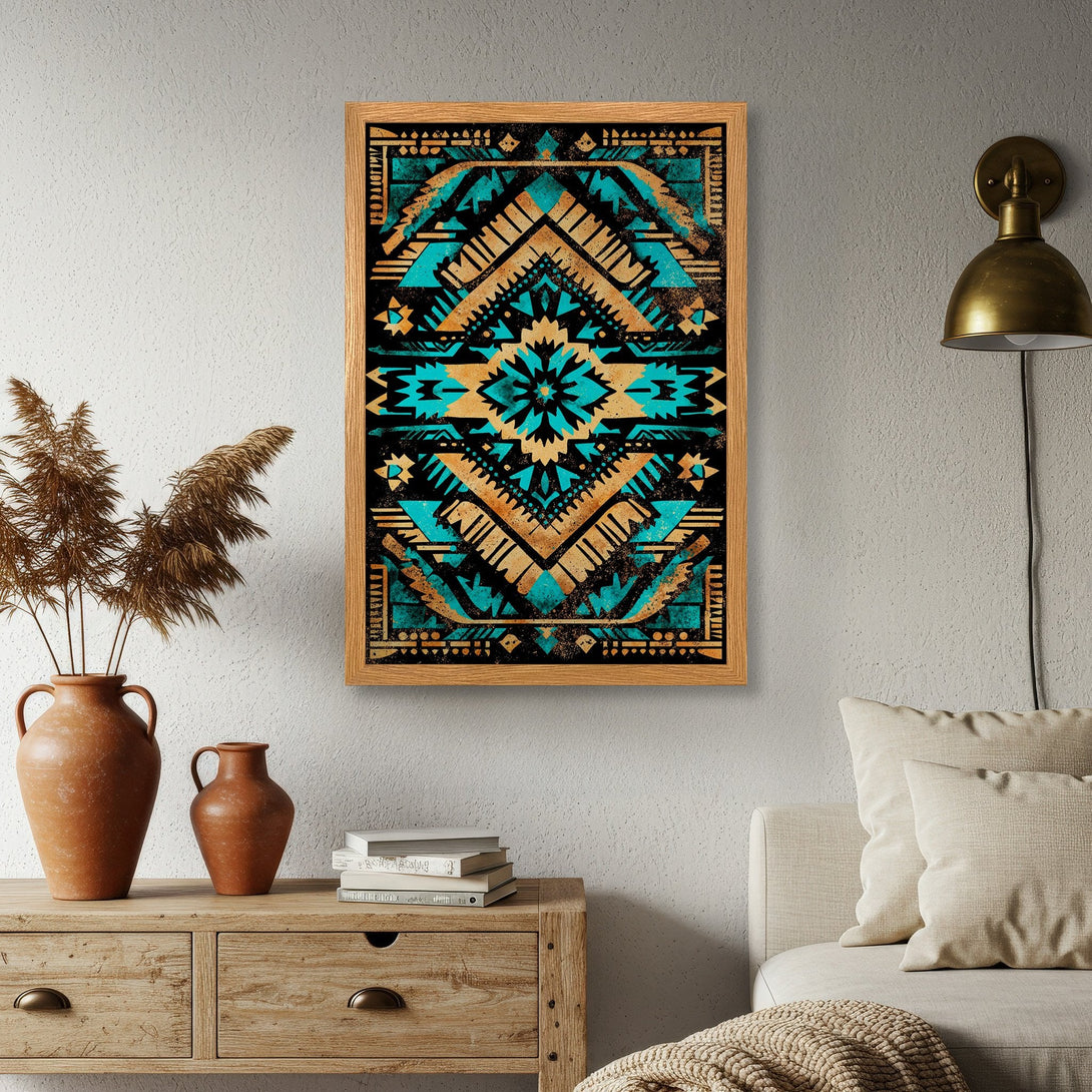 Framed Poster featuring an Aztec-inspired design in teal, gold, and black. Perfect wall art for a stylish home.