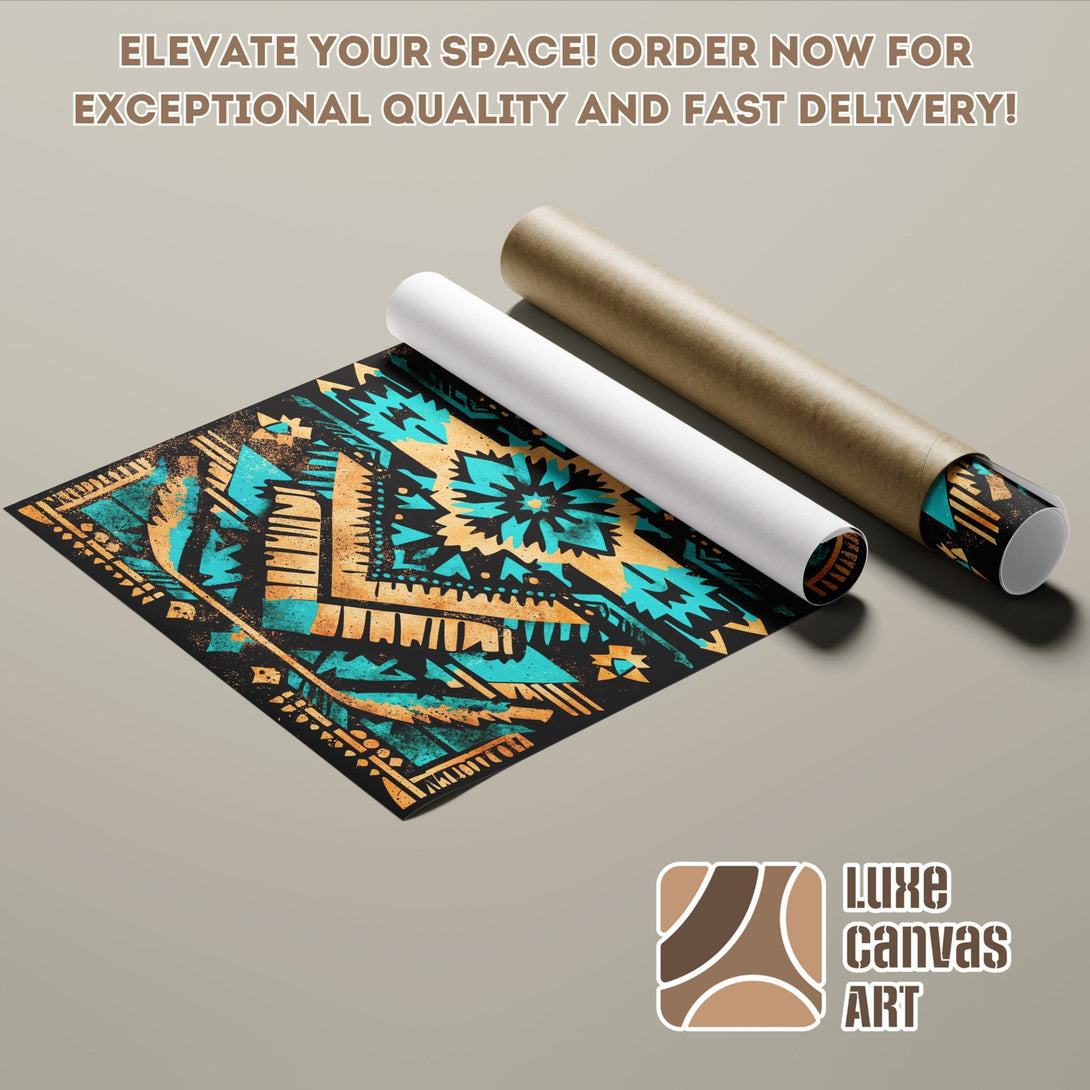 Poster Roll featuring a tribal design with teal and gold accents on a black background. Elevate your space with art!
