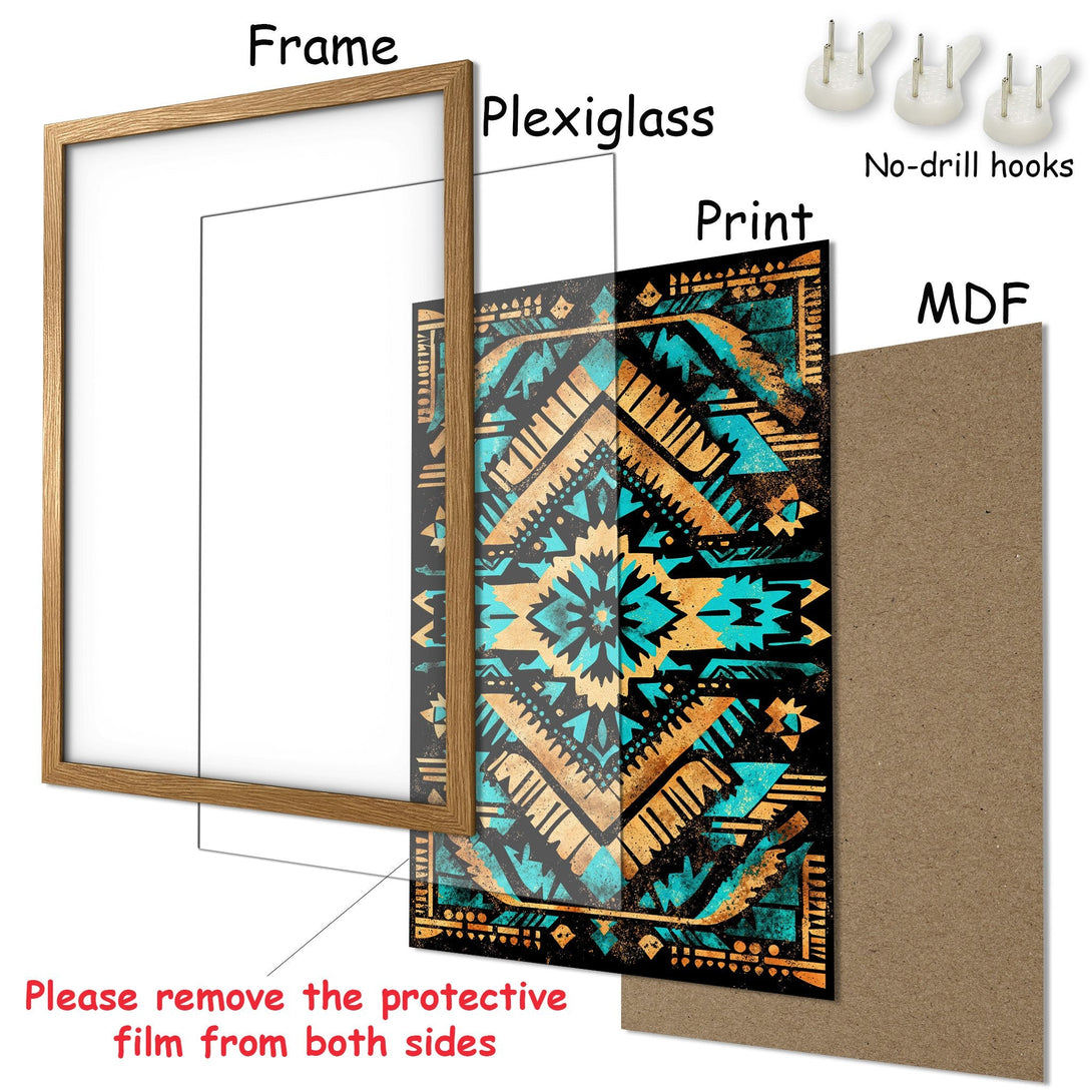 Framed Poster featuring a vibrant tribal design in teal, gold, and black. Perfect wall art for any space!