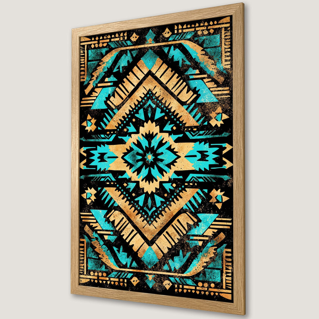 Framed Poster featuring a vibrant geometric design in turquoise, gold, and black. Add a touch of tribal art to your space!