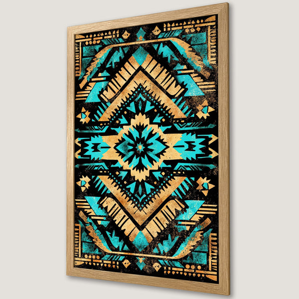 Framed Poster featuring a vibrant geometric design in turquoise, gold, and black. Add a touch of tribal art to your space!