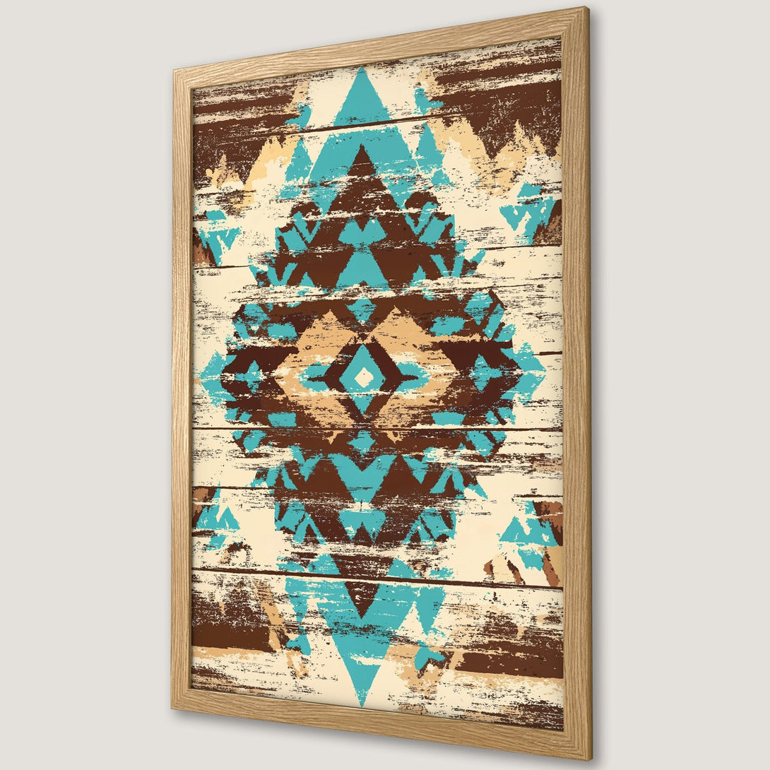 Framed Poster featuring a geometric tribal design in teal, brown, and beige. Rustic style artwork for your home decor.