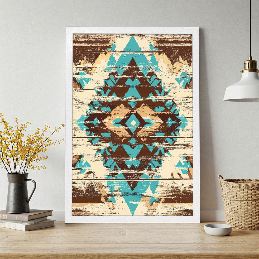 Framed Poster featuring an abstract geometric design in turquoise, brown, and beige hues. Rustic style art print for your home decor.