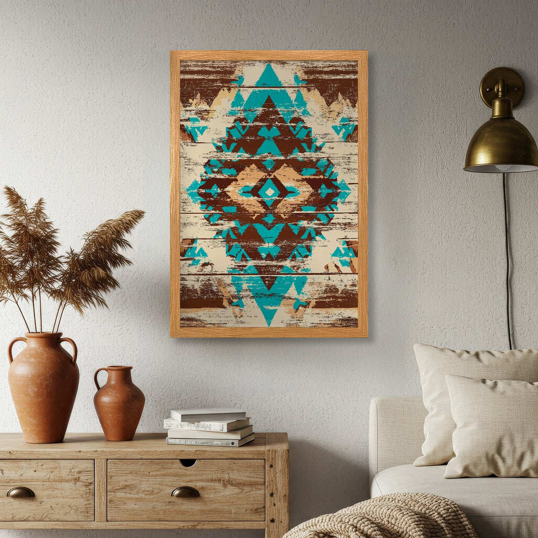 Framed Poster featuring a geometric tribal design in turquoise, brown, and cream. Rustic style, perfect for adding a touch of boho to your space.