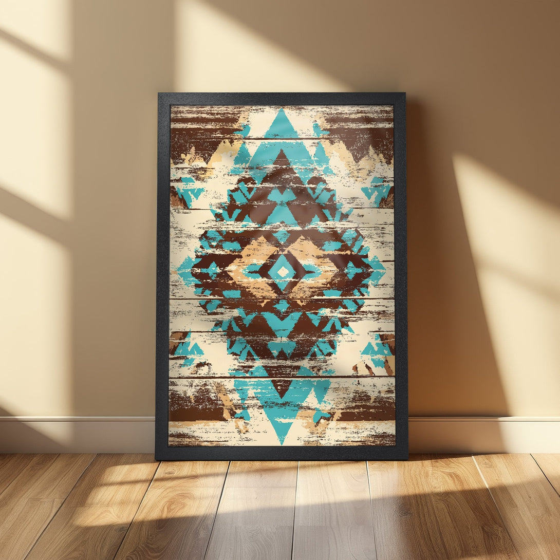 Framed Poster featuring a geometric tribal design in turquoise, brown, and beige. Rustic style art print for home decor.