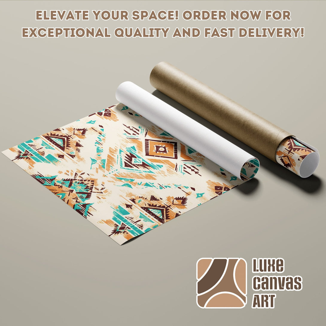 Poster Roll featuring a colorful geometric design in teal, brown, and beige. Elevate your space with this unique art!