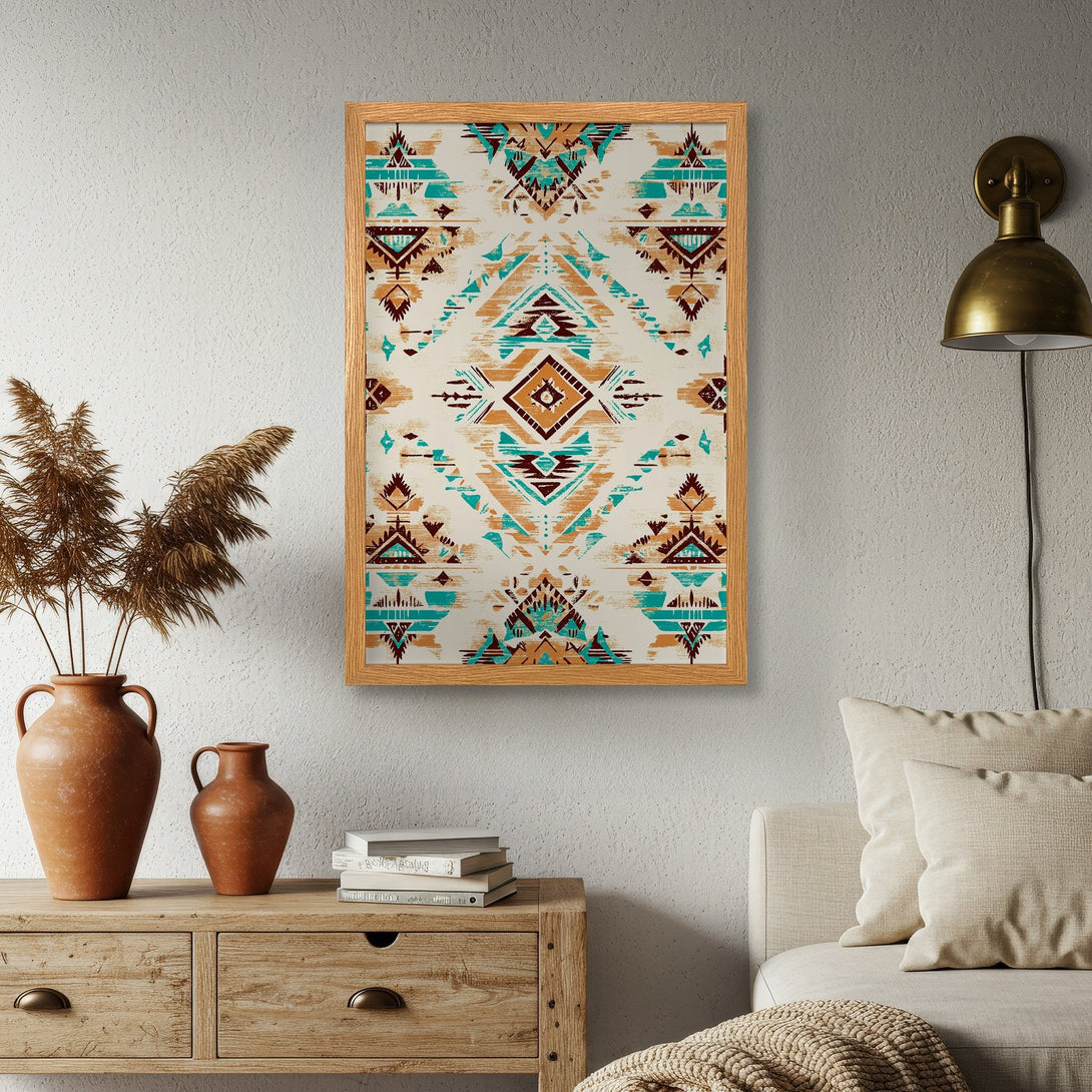 Framed Poster featuring an abstract geometric design in teal, brown, and cream. Perfect wall art for a modern boho aesthetic.