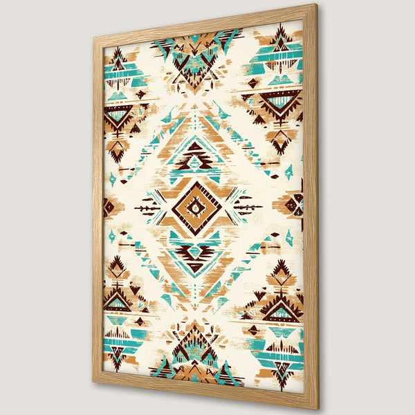 Framed Poster featuring a tribal pattern in turquoise, brown, and beige. Perfect wall art for a modern, bohemian vibe.