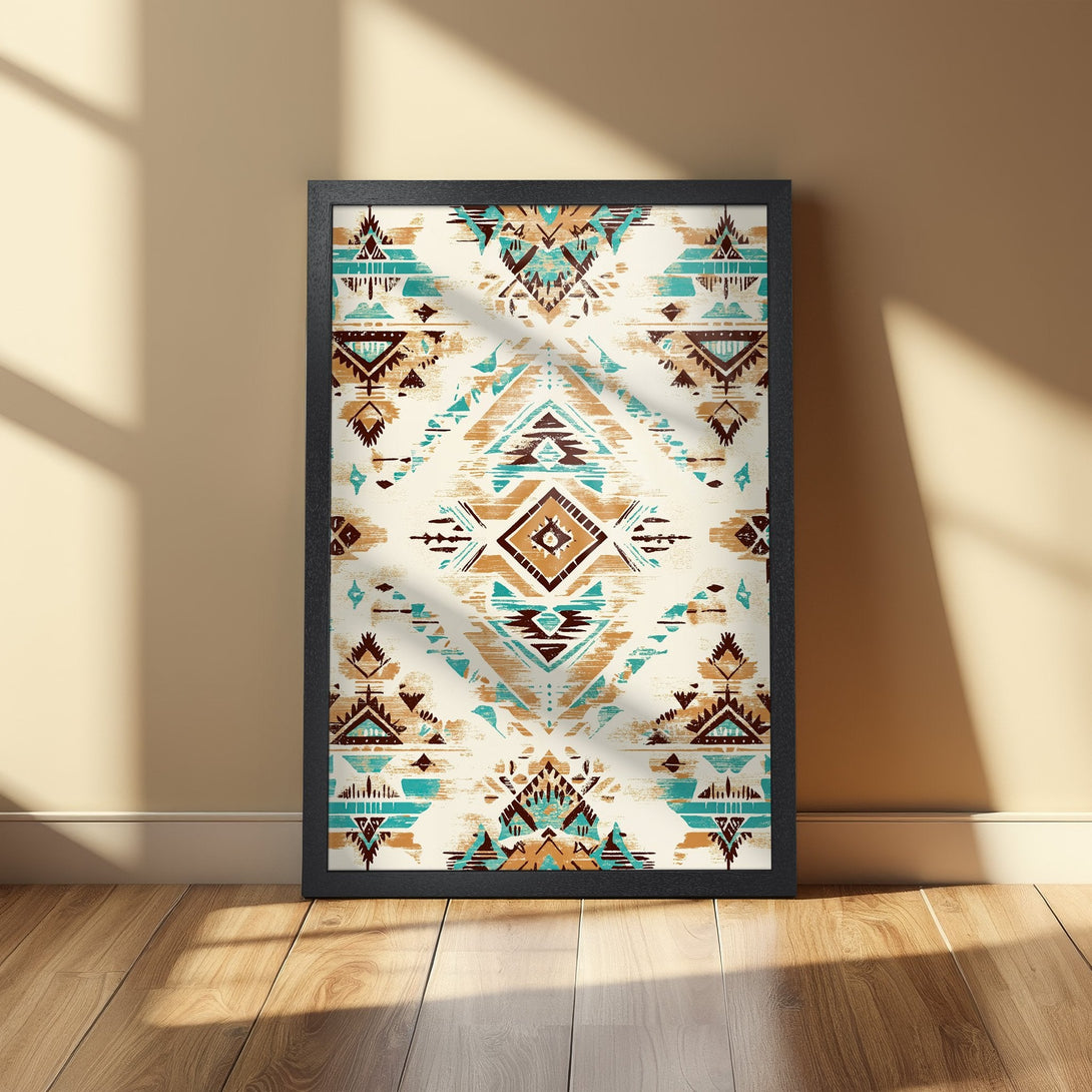 Framed Poster featuring a geometric tribal pattern in teal, brown, and beige. Perfect wall art to elevate your space.