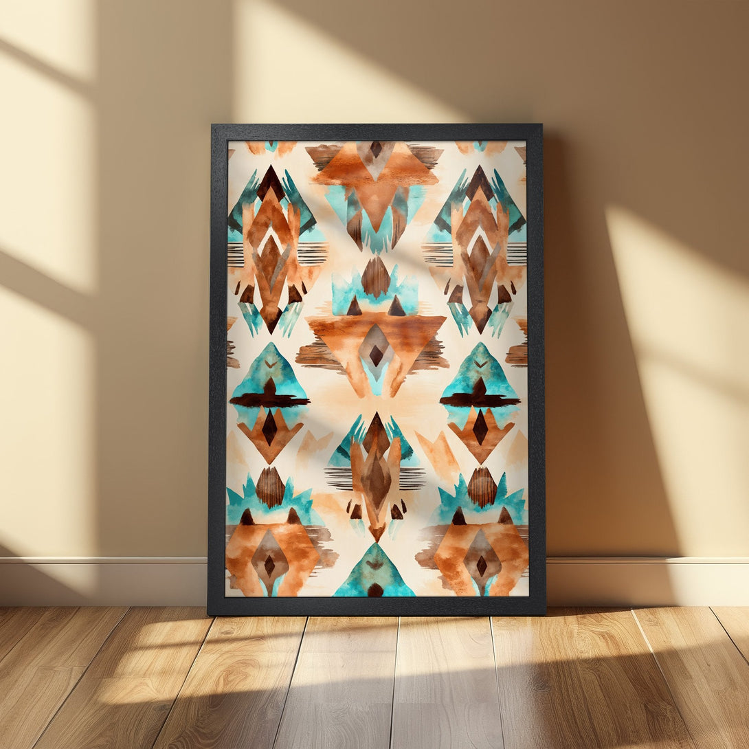 Framed Poster featuring an abstract geometric design in watercolor style with earthy tones of brown, teal, and beige. Perfect wall art!