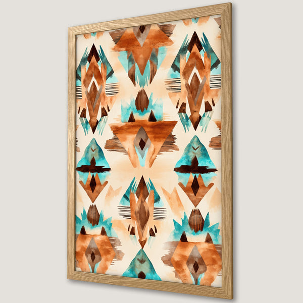 Framed Poster featuring an abstract watercolor design in earthy tones of brown, teal, and beige. Perfect wall art for your home!