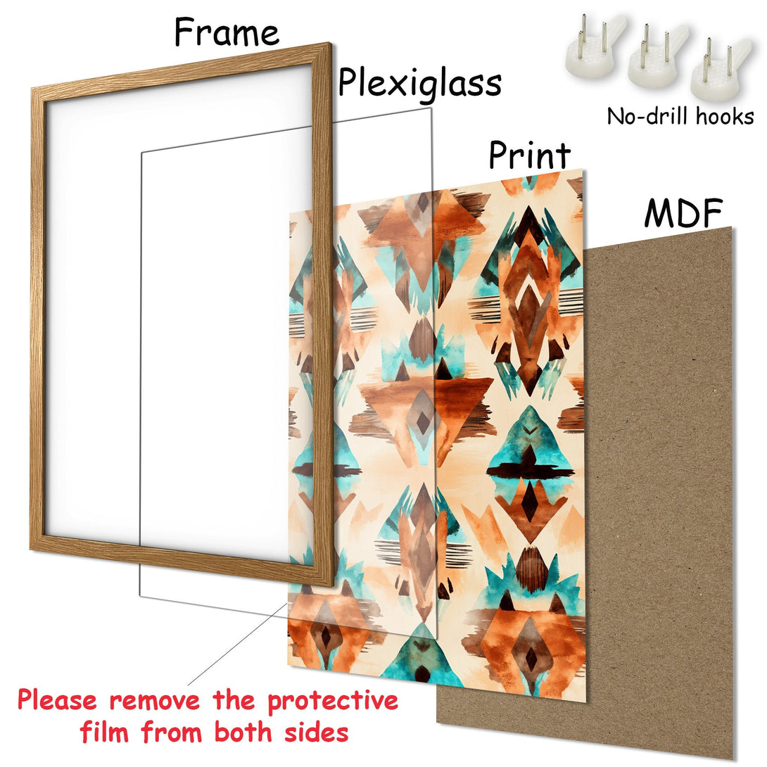 Framed Poster featuring an abstract watercolor design in earthy tones of brown, teal, and beige. Add art to your space!