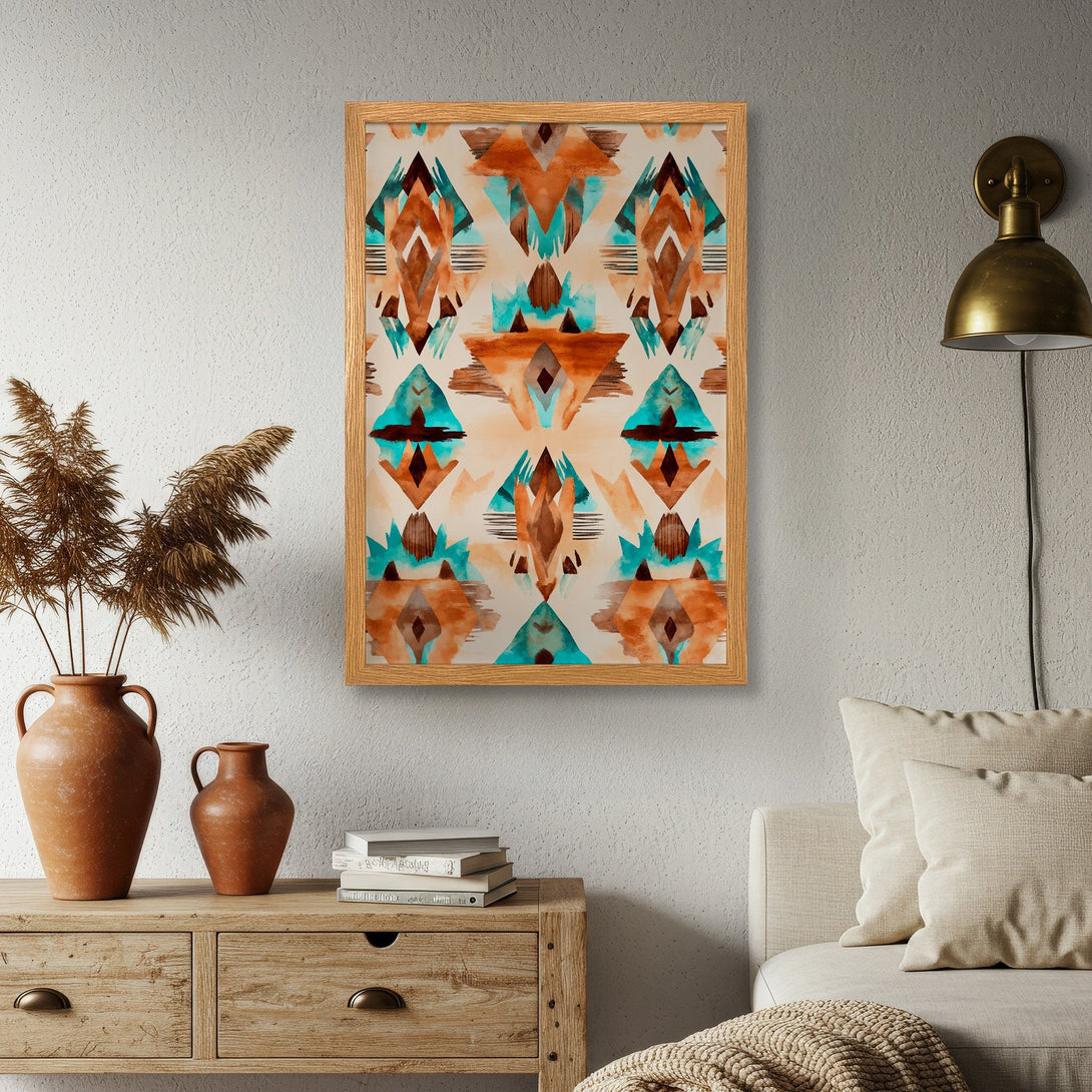 Framed Poster featuring abstract geometric design in earthy tones of orange, teal, and beige. Perfect wall art!