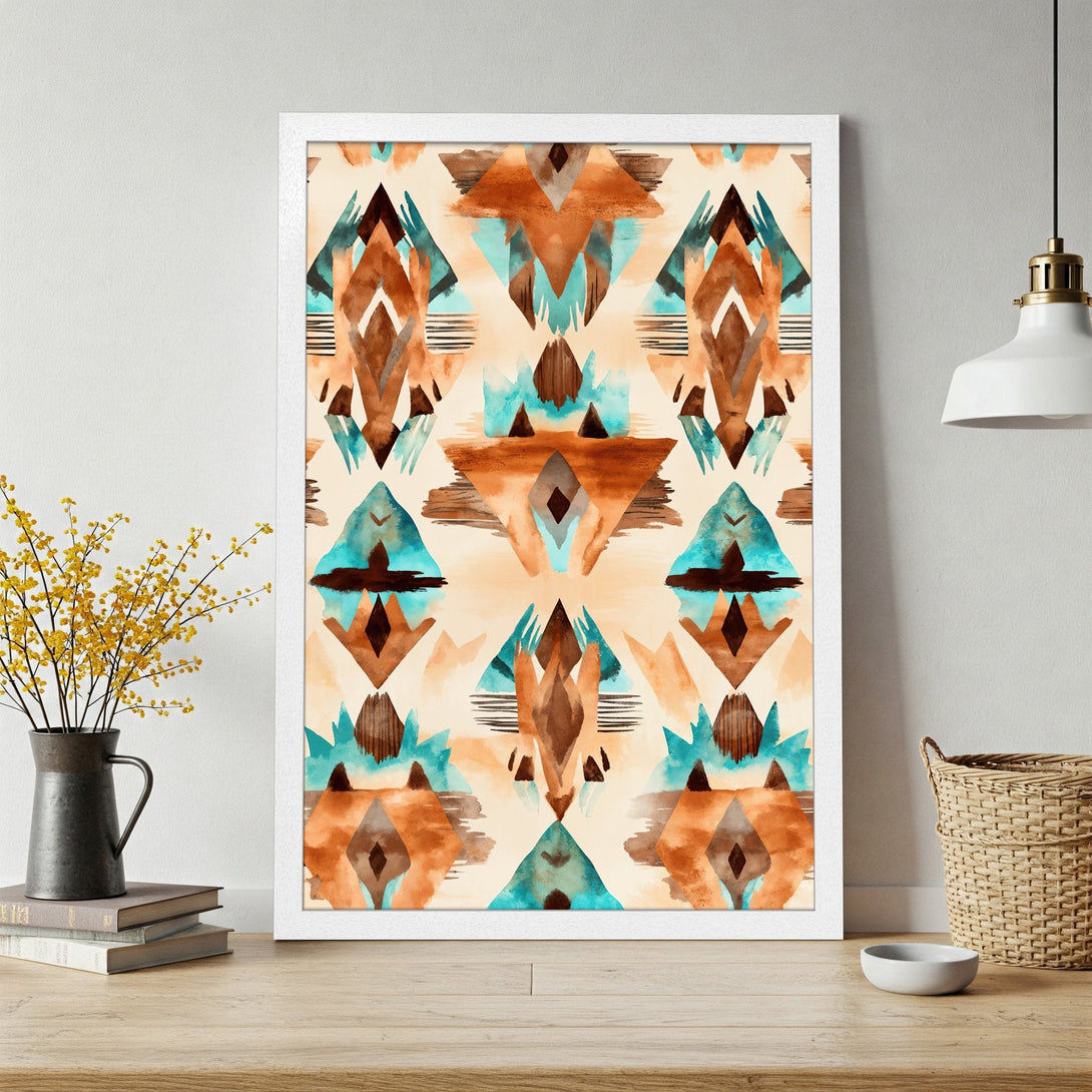 Framed Poster featuring an abstract watercolor design in earthy tones of brown, teal, and beige. Modern art for your home!