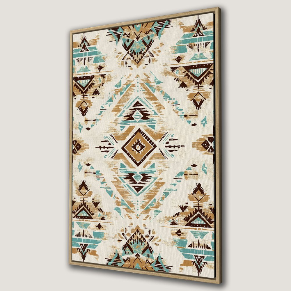 Framed Wall Art Canvas Print featuring an abstract geometric pattern in earthy tones of brown, teal, and beige. Perfect for adding a touch of boho style.