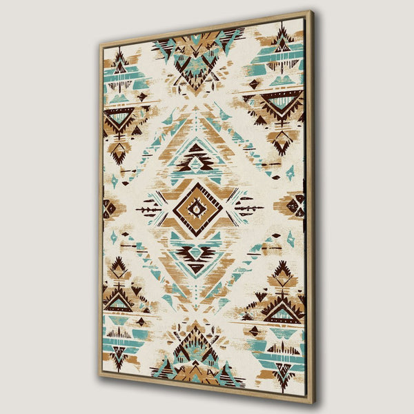 Framed Wall Art Canvas Print featuring an abstract geometric pattern in earthy tones of brown, teal, and beige. Perfect for adding a touch of boho style.