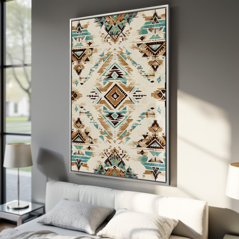 Framed Wall Art featuring a geometric tribal design in brown, teal, and cream. Perfect for adding a touch of bohemian style to your bedroom decor.