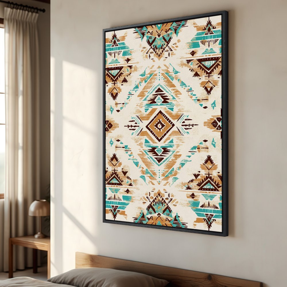 Framed Wall Art featuring an Aztec-inspired geometric pattern in teal, brown, and beige. Elevate your space with this stylish Canvas Print!