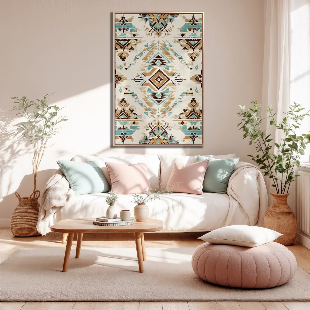 Framed Wall Art: Geometric tribal design in teal, brown, and gold. Elevate your living room with this stylish canvas print!