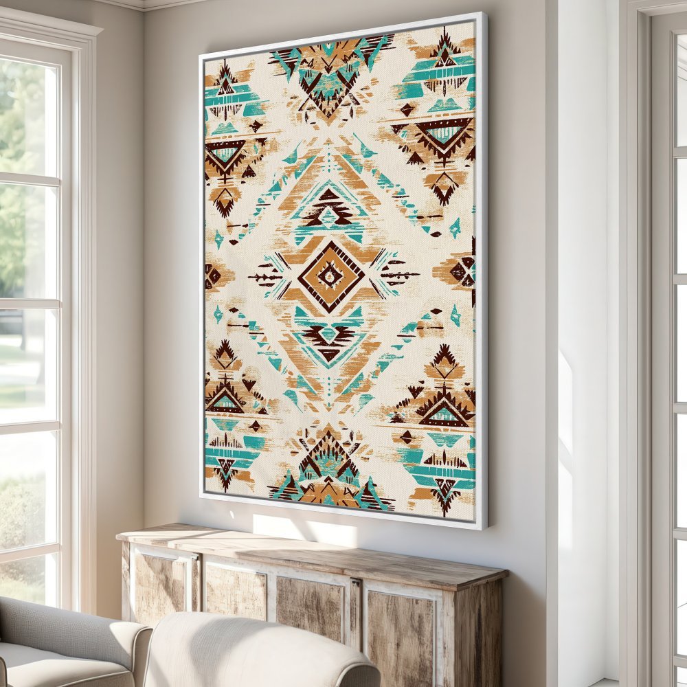 Framed Wall Art: Southwestern-style Canvas Print in teal, brown, and beige. Perfect for adding a touch of boho chic to your living room decor!