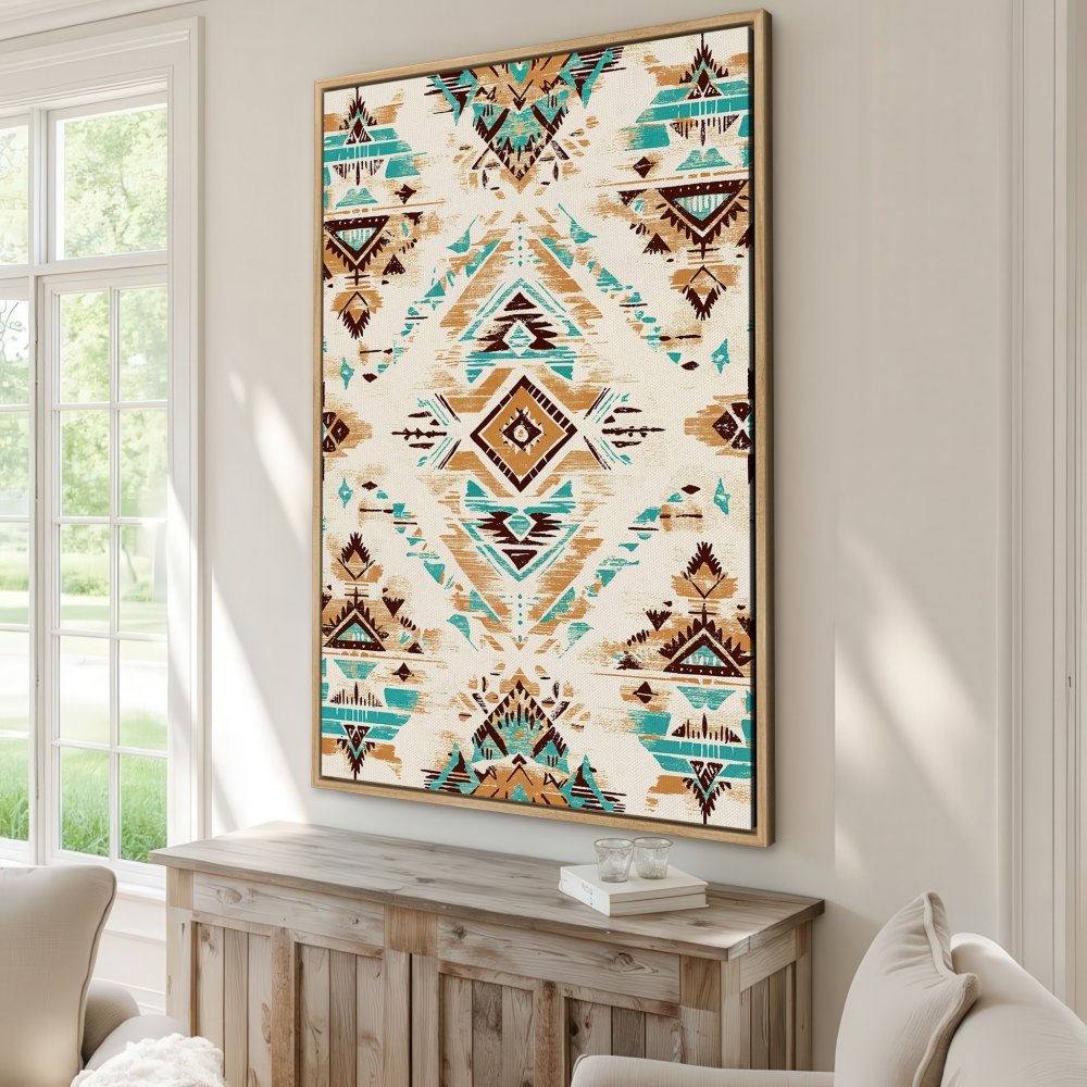 Framed Wall Art: Geometric tribal pattern canvas print in teal, brown, and beige. Perfect for adding a touch of boho style to your home decor.