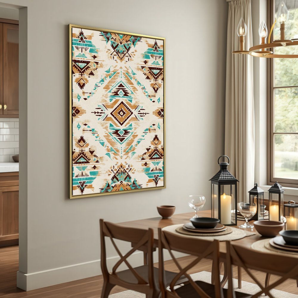 Canvas Print featuring a Southwestern tribal pattern in turquoise, brown, and cream. Perfect wall art for a rustic, bohemian interior.