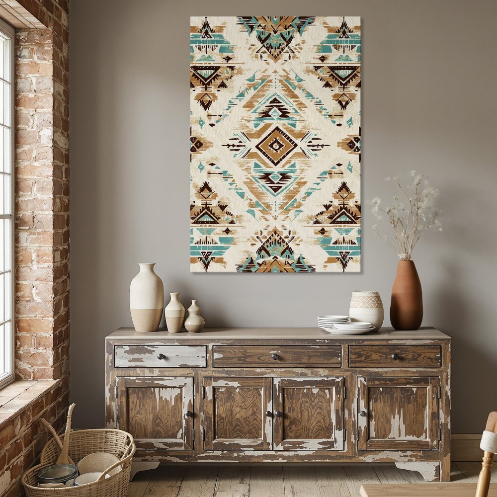 Framed Wall Art: Southwestern-style Canvas Print with geometric pattern in teal, brown, and beige. Perfect for adding a touch of bohemian flair.