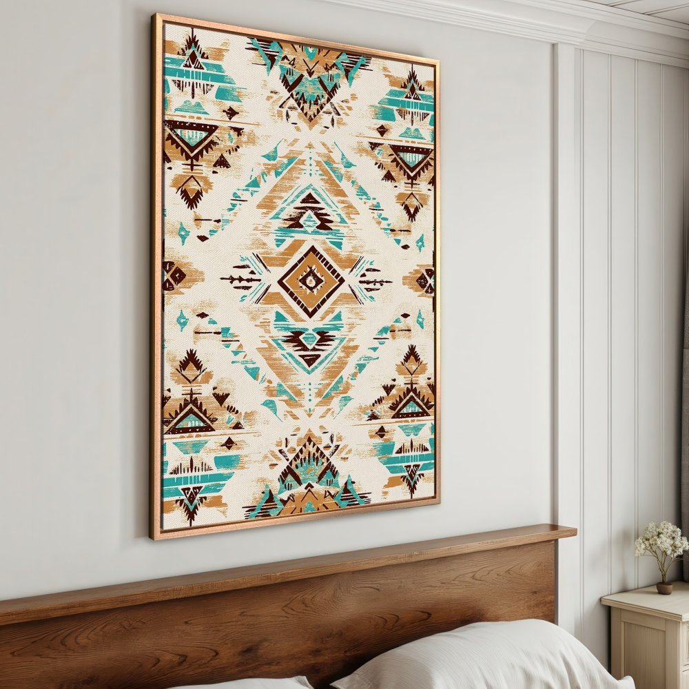 Framed Wall Art featuring an Aztec-inspired geometric pattern in teal, brown, and beige. Add a touch of bohemian style to your space!