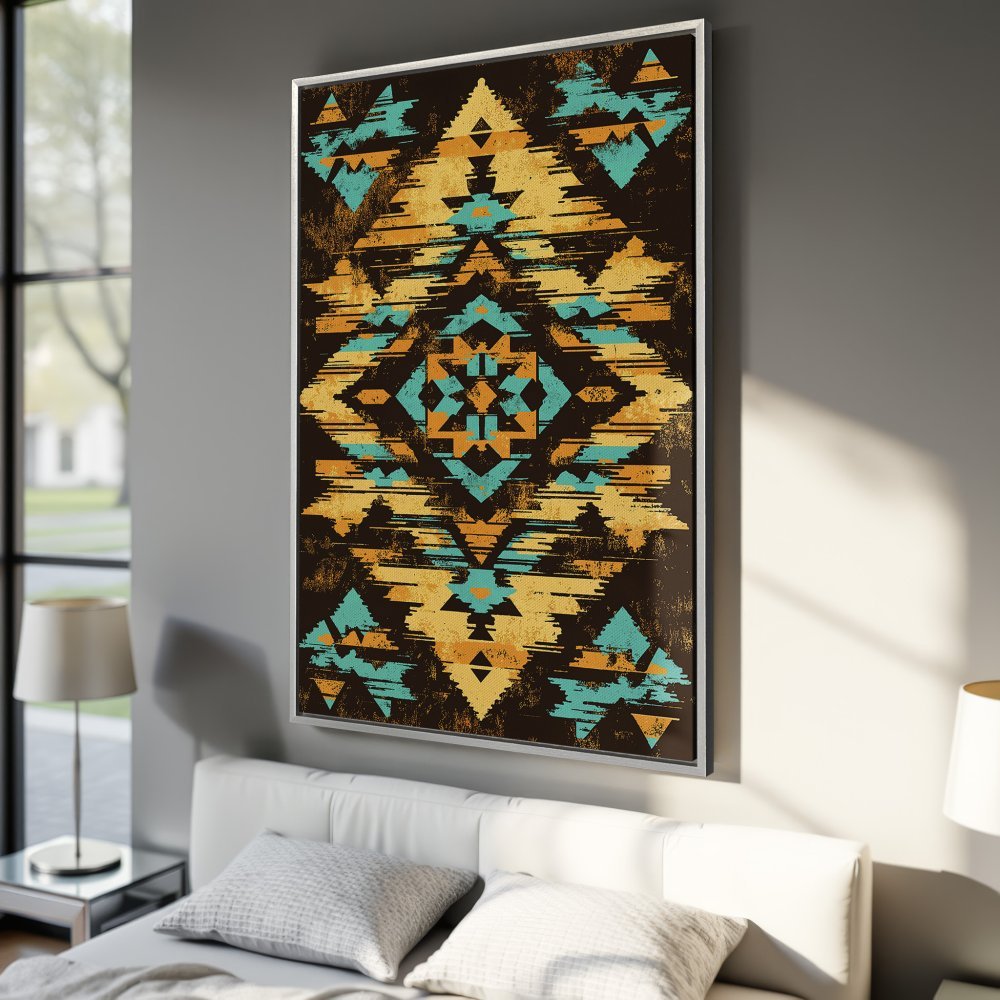 Framed Wall Art: Abstract tribal design Canvas Print in warm earth tones of gold, teal, and brown. Perfect for adding a touch of boho style.