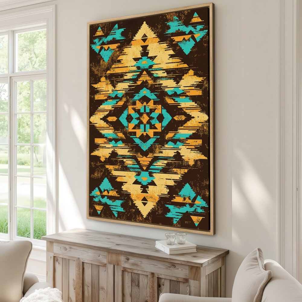 Framed Wall Art: Geometric tribal design in teal, gold, and brown. Perfect for adding a touch of bohemian style to your home decor.