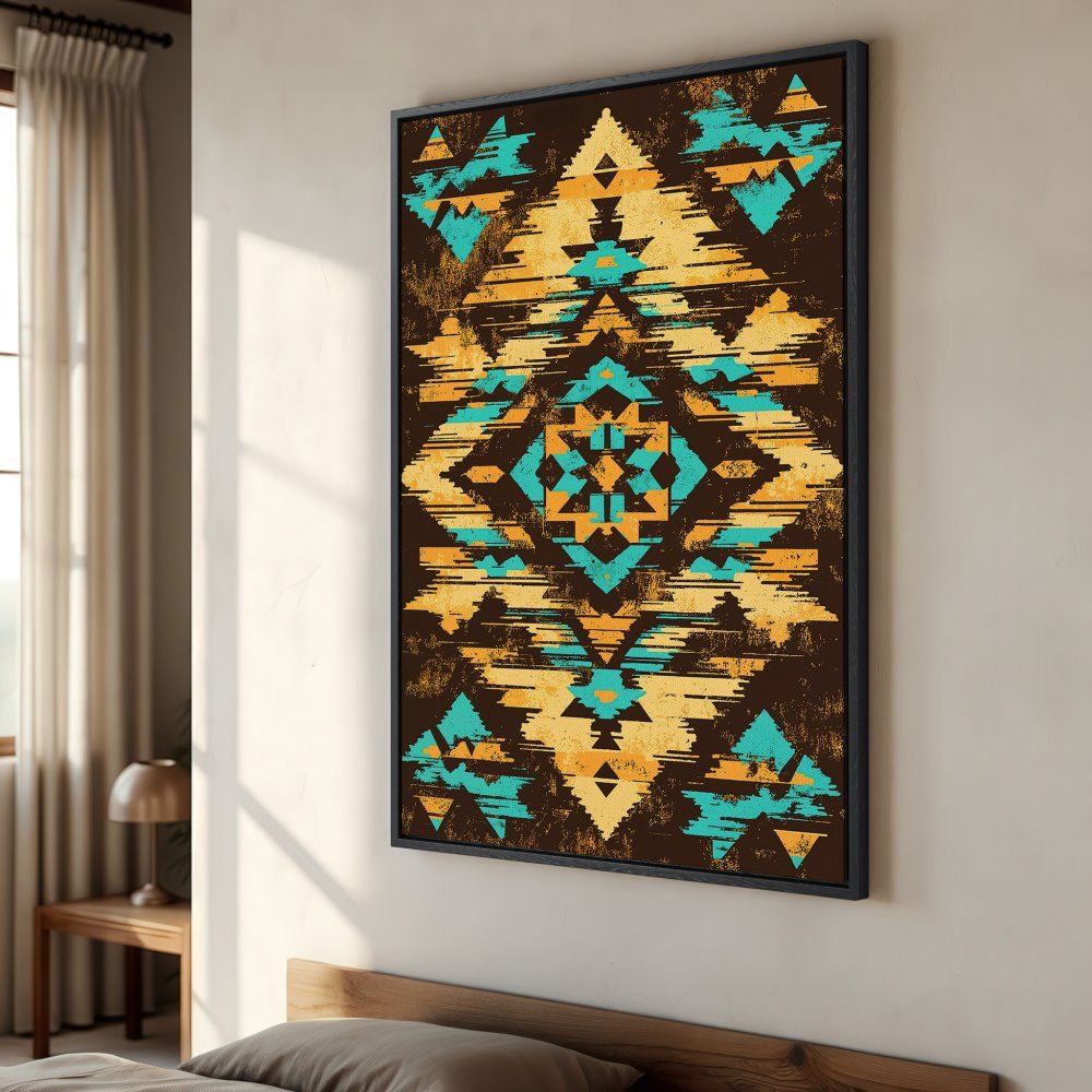 Framed Wall Art featuring a geometric Aztec design in teal, gold, and brown. Add a touch of boho style to your home with this stunning canvas print!