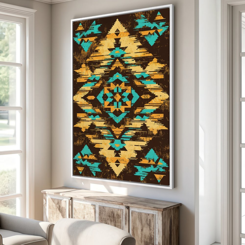 Framed Wall Art: Abstract geometric design in turquoise, gold, and brown. Perfect for adding a pop of color and style to your home decor.