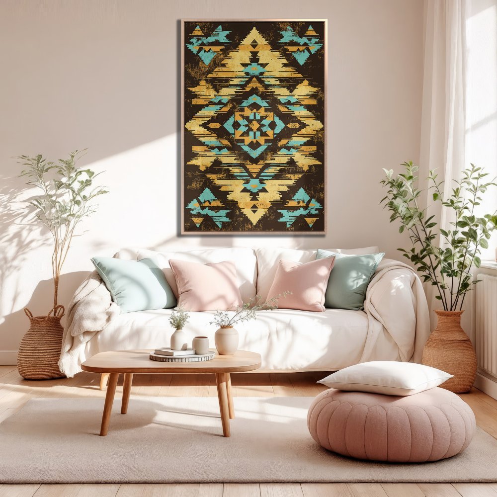 Framed Wall Art: Geometric tribal design in teal, gold, and brown. Perfect for adding a boho touch to your living room. Shop now!