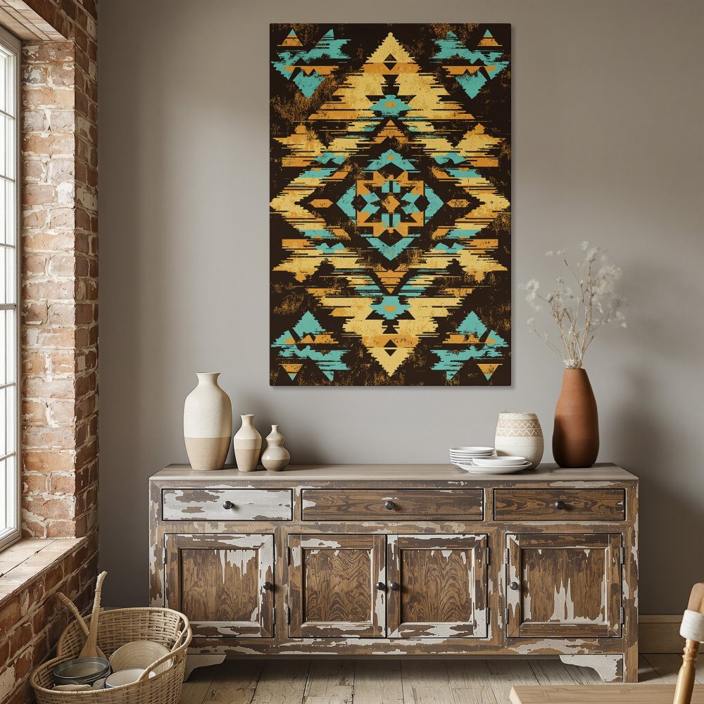 Framed Wall Art: Geometric Southwestern design in teal, gold, and brown. Elevate your dining room with this stylish Canvas Print.