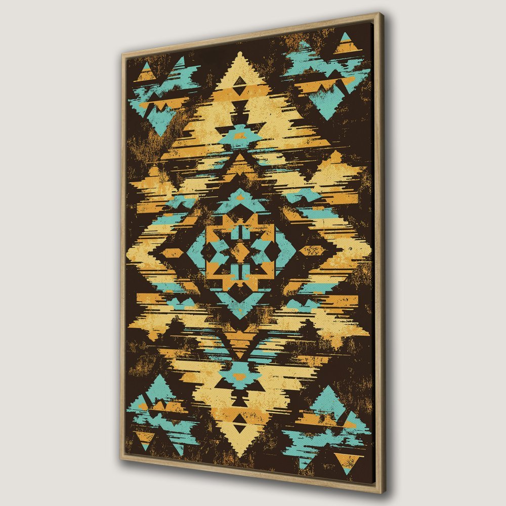 Framed Wall Art: Geometric tribal design in brown, teal, and gold. Add a touch of boho style to your space with this canvas print!