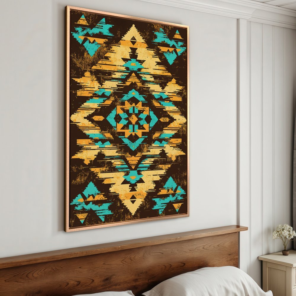 Framed Wall Art: Abstract geometric design in turquoise, gold, and brown. Perfect for adding a touch of bohemian style to any space.