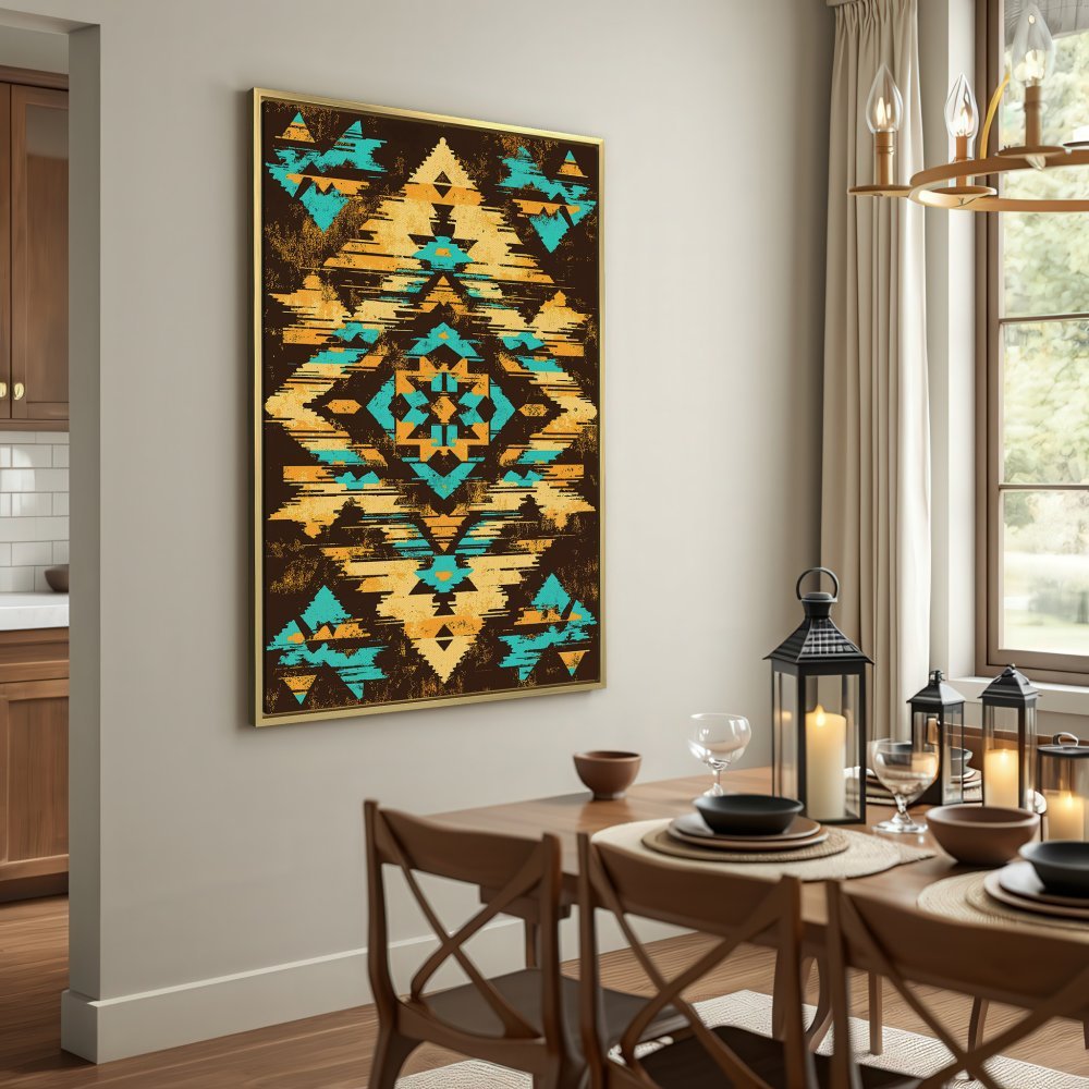Canvas Print featuring a vibrant geometric tribal design in teal, gold, and brown. Perfect for adding a pop of color to your space!