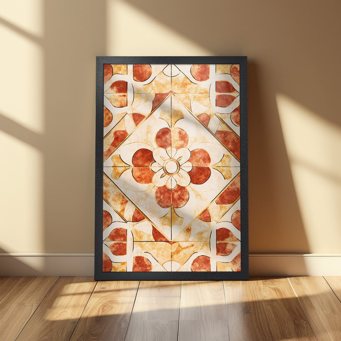 Framed Poster featuring a geometric floral design in warm orange and beige tones. Perfect wall art for a stylish home.