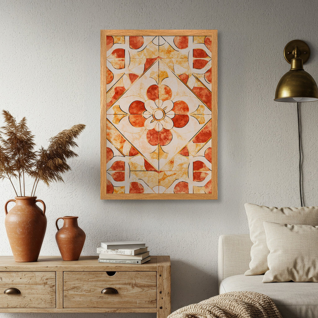 Framed Poster featuring a floral tile design in warm orange and yellow hues. Perfect wall art for any space!
