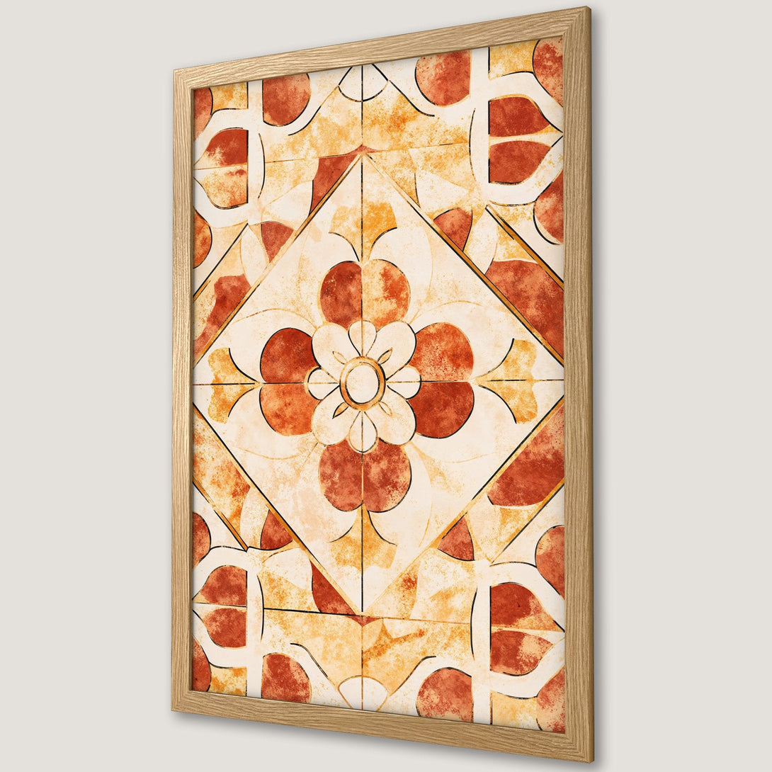 Framed Poster featuring a geometric floral design in warm orange, red, and cream tones. Perfect wall art for your home!