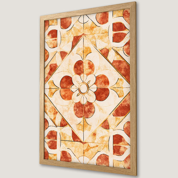 Framed Poster featuring a geometric floral design in warm orange, red, and cream tones. Perfect wall art for your home!