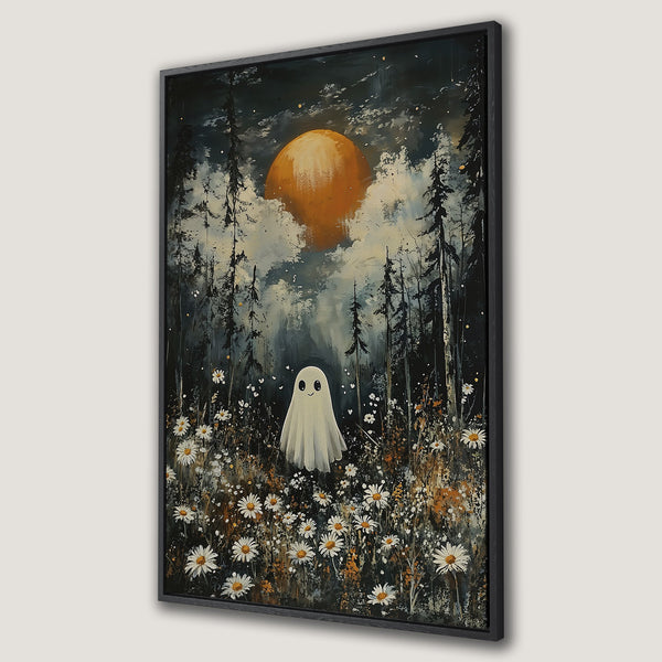 Framed Wall Art featuring a whimsical ghost in a forest scene, painted in a dreamy, impressionistic style with a dark, moody color palette.