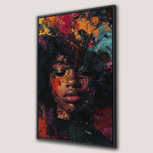 Framed Wall Art: Abstract portrait of a woman with closed eyes. Bold, colorful expressionist style with a warm, vibrant palette of reds, oranges, and blacks.