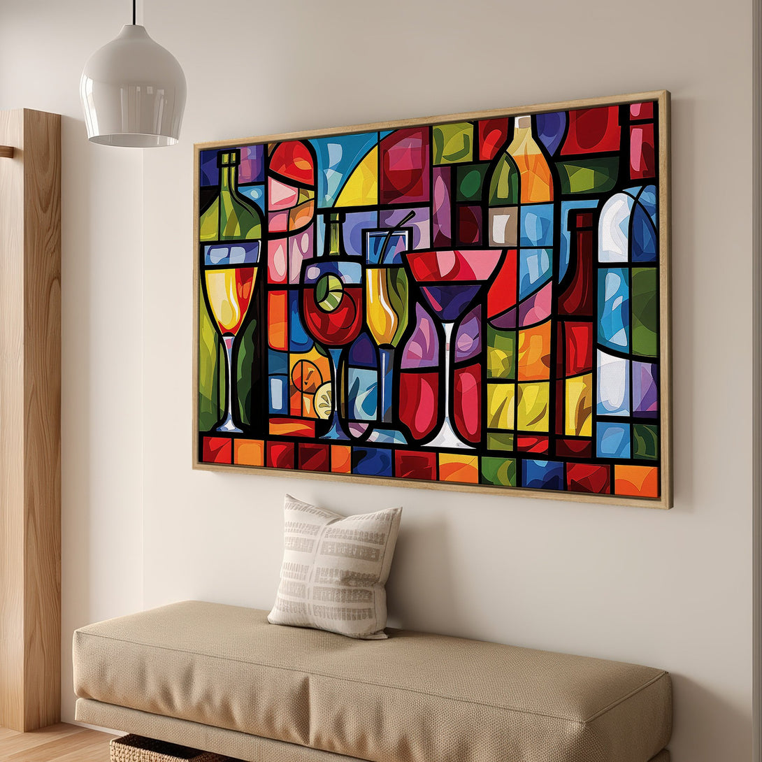 Framed Wall Art: Colorful abstract cocktail art in a stained-glass style. Vibrant red, orange, yellow, and blue palette. Perfect for kitchen or bar decor.
