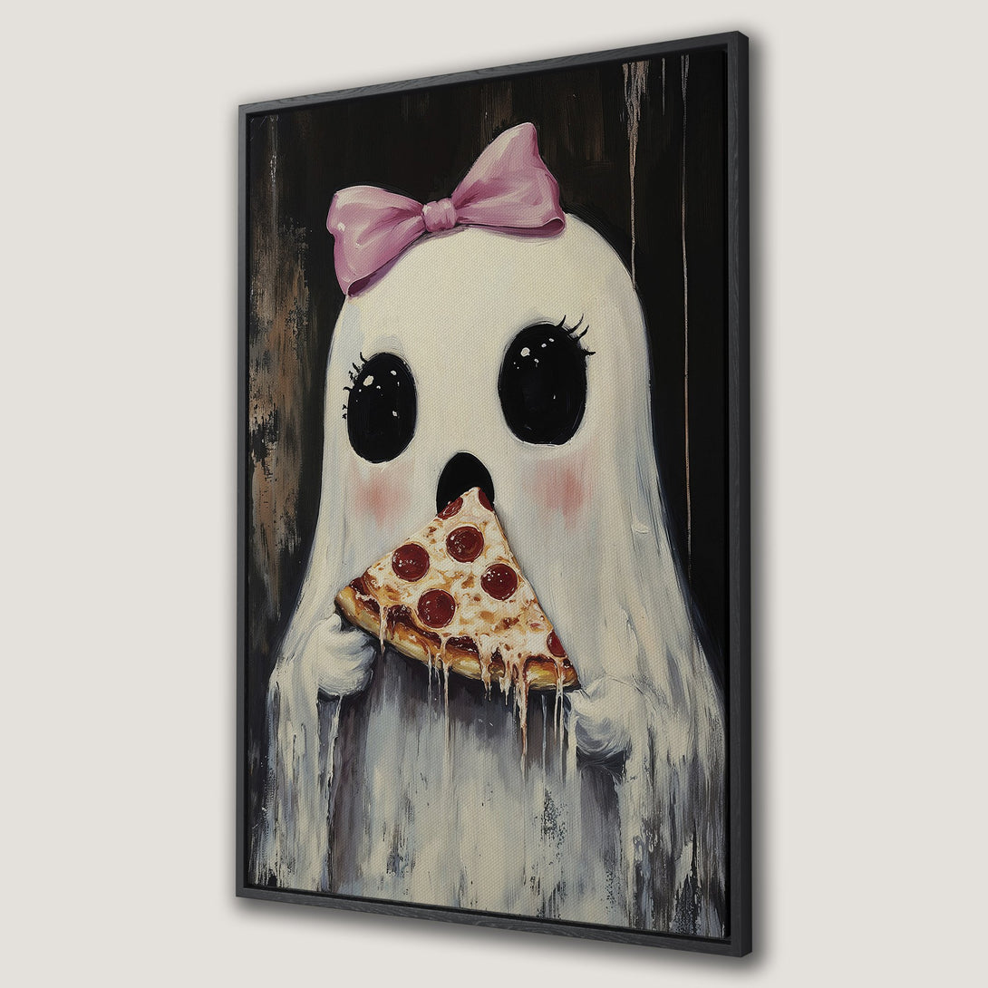 Framed Wall Art: Adorable ghost with pink bow eating pizza. Whimsical, modern art in black, white, pink, and brown. Perfect for a fun, unique home decor statement.