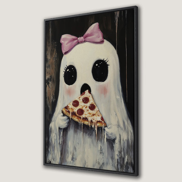 Framed Wall Art: Adorable ghost with pink bow eating pizza. Whimsical, modern art in black, white, pink, and brown. Perfect for a fun, unique home decor statement.