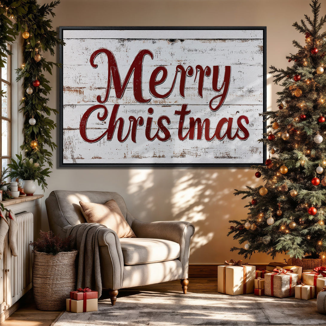Framed Wall Art: "Merry Christmas" on distressed wood, warm red & white palette. Festive decor for your home. Perfect for holiday season!