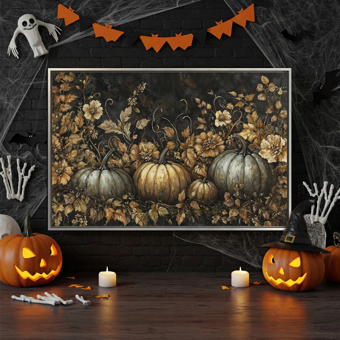 Framed Wall Art: Autumnal pumpkin floral print in gold and gray tones. Perfect Halloween decor! Add a touch of spooky elegance to your space.