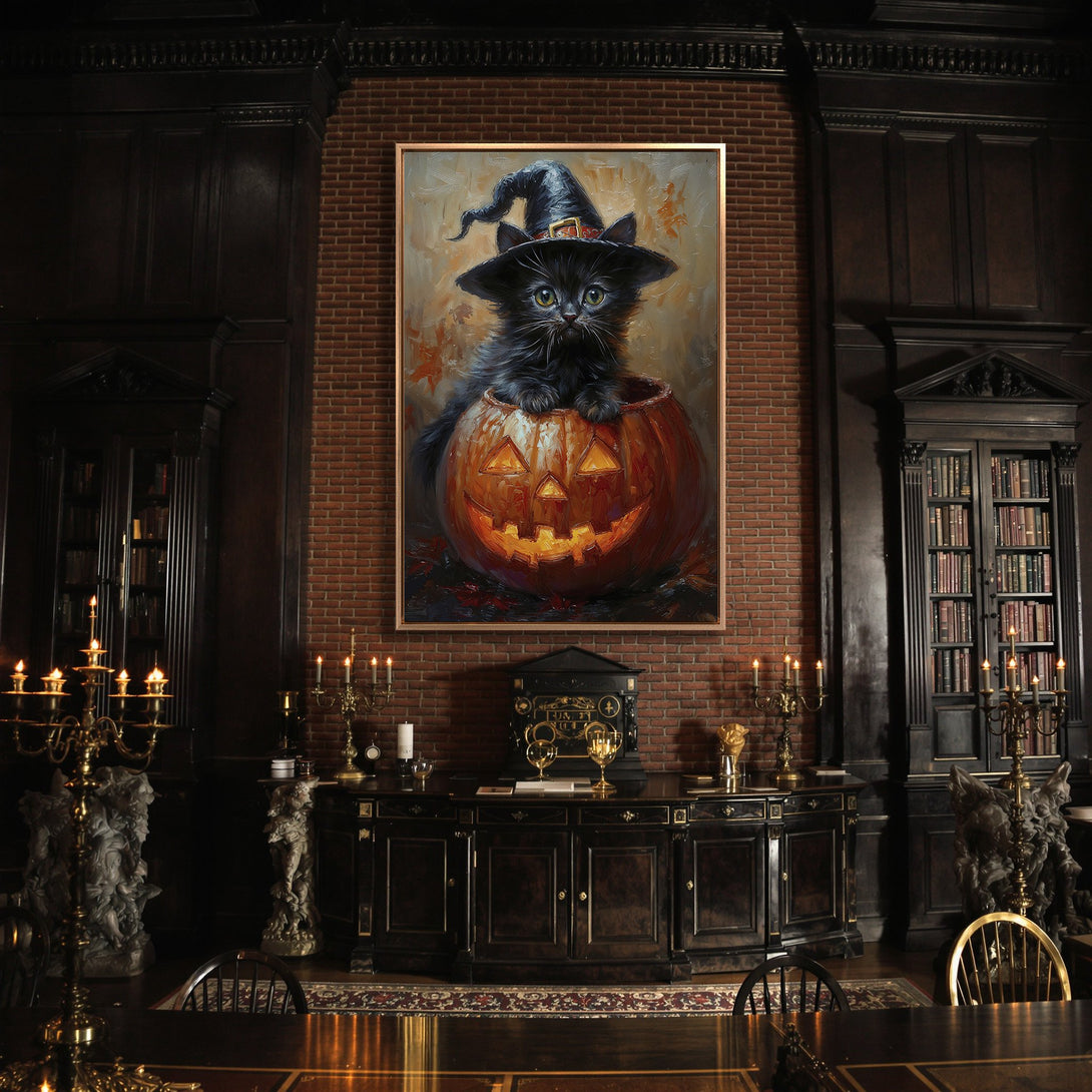 Framed Wall Art: Adorable black cat in witch hat inside a pumpkin. Halloween-themed artwork with warm orange, black, and brown color palette. Perfect for fall decor.