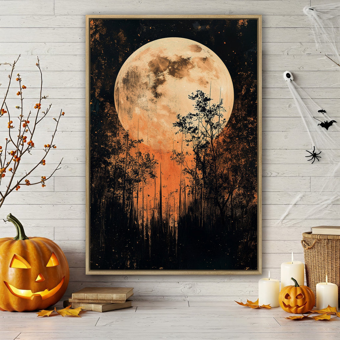 Framed Wall Art: Spooky Halloween moon and forest scene in orange and black. Perfect for fall decor!